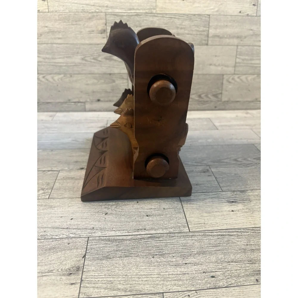 Carved Wood Chicken Napkin Rings Set w/ Holder Stand, Brown, 6 Rings